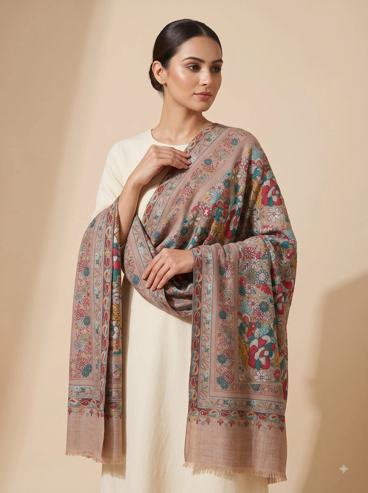 Beige Cashmere Wool Stole with Multicolour Floral Design