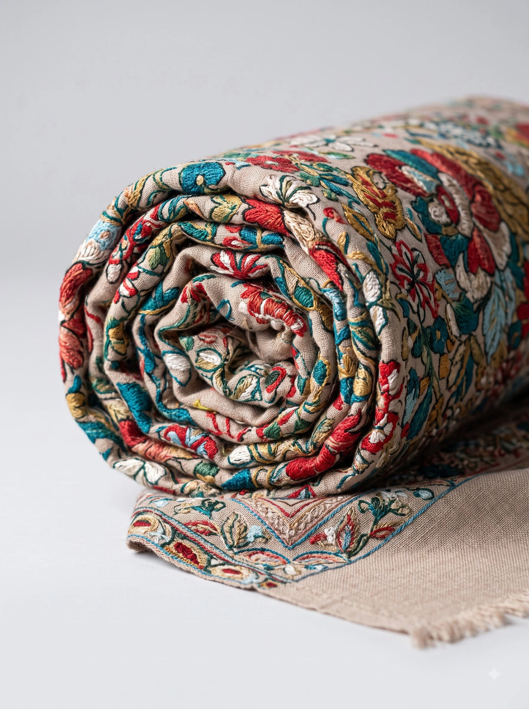 Beige Cashmere Wool Stole with Multicolour Floral Design