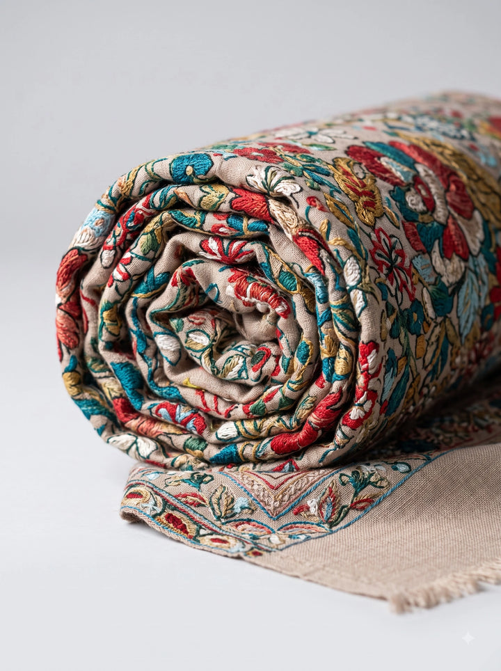 Beige Cashmere Wool Stole with Multicolour Floral Design