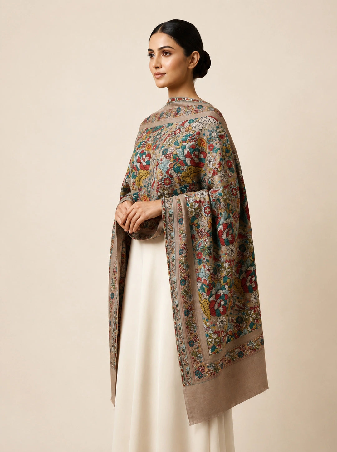 Beige Cashmere Wool Stole with Multicolour Floral Design