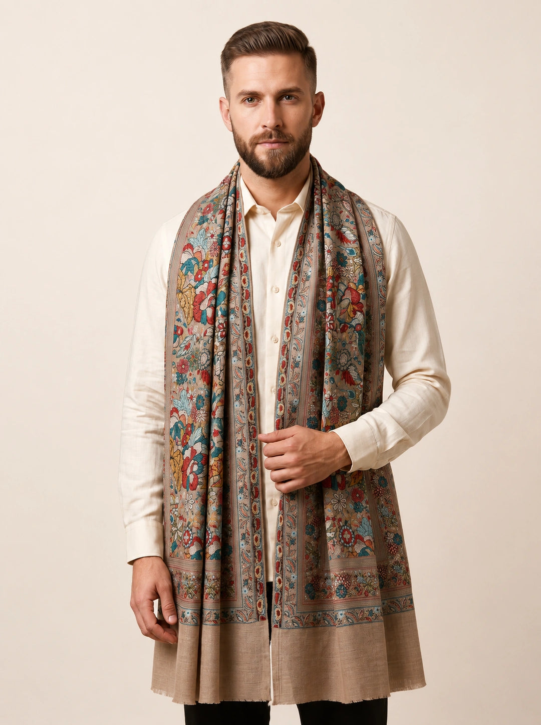 Beige Cashmere Wool Stole with Multicolour Floral Design