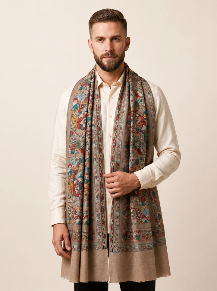 Beige Cashmere Wool Stole with Multicolour Floral Design