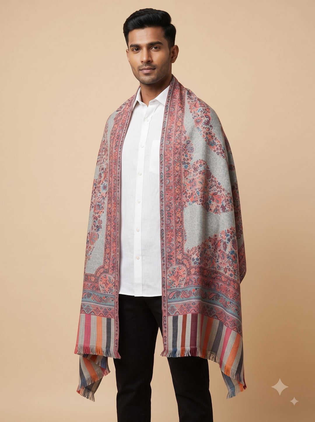 Grey Cashmere Wool Stole with Paisley Jamawar Design