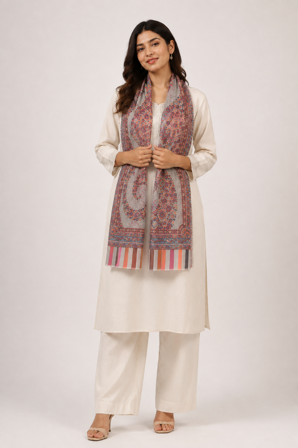 Grey Cashmere Wool Stole with Paisley Jamawar Design