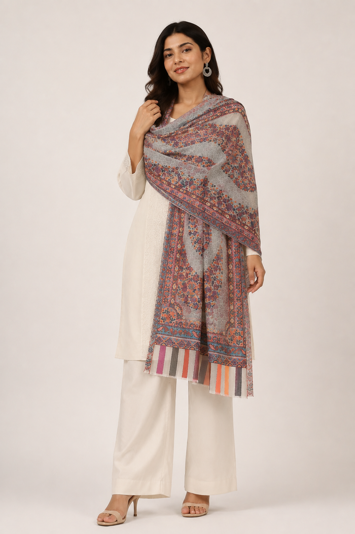 Grey Cashmere Wool Stole with Paisley Jamawar Design