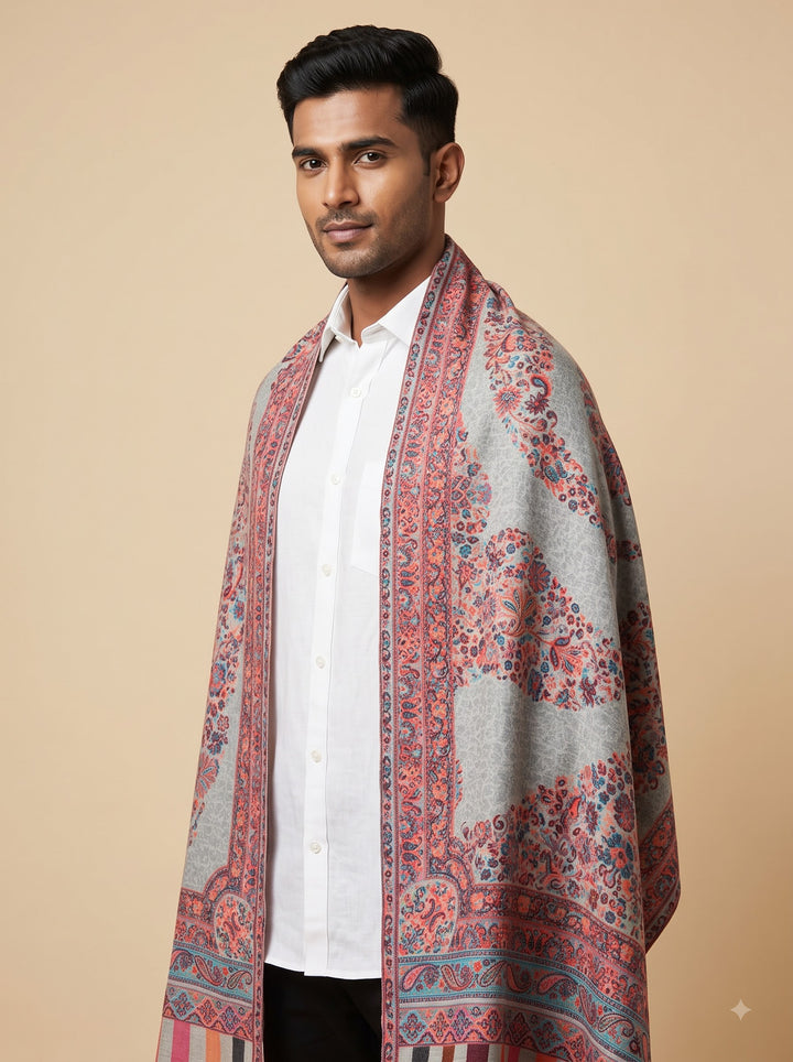 Grey Cashmere Wool Stole with Paisley Jamawar Design