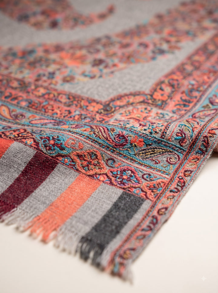 Grey Cashmere Wool Stole with Paisley Jamawar Design