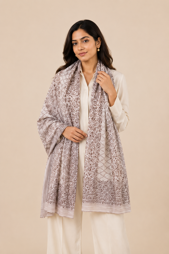 Grey Cashmere Wool Shawl with Woven Trellis Floral