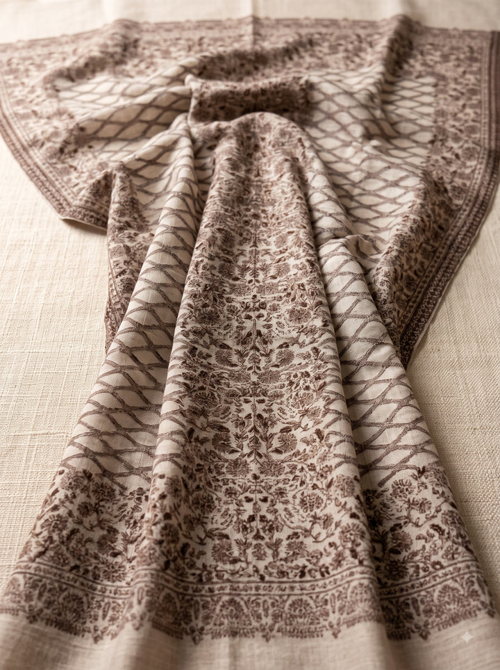 Grey Cashmere Wool Shawl with Woven Trellis Floral