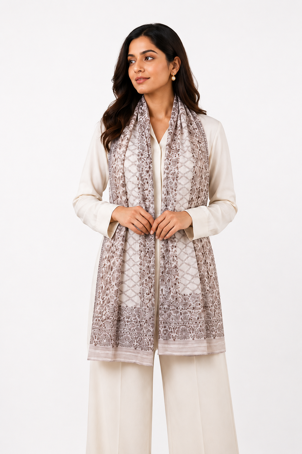 Grey Cashmere Wool Shawl with Woven Trellis Floral