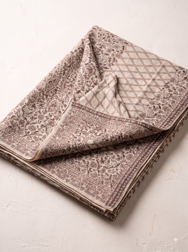 Grey Cashmere Wool Shawl with Woven Trellis Floral