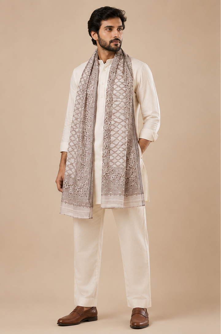Grey Cashmere Wool Shawl with Woven Trellis Floral
