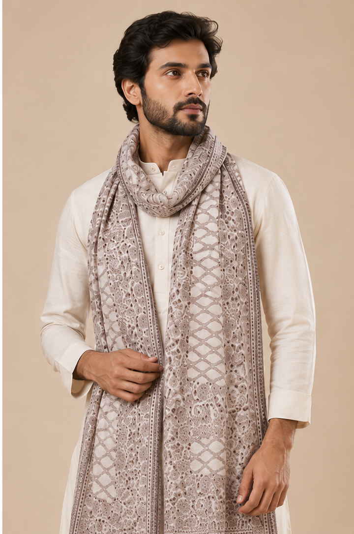 Grey Cashmere Wool Shawl with Woven Trellis Floral