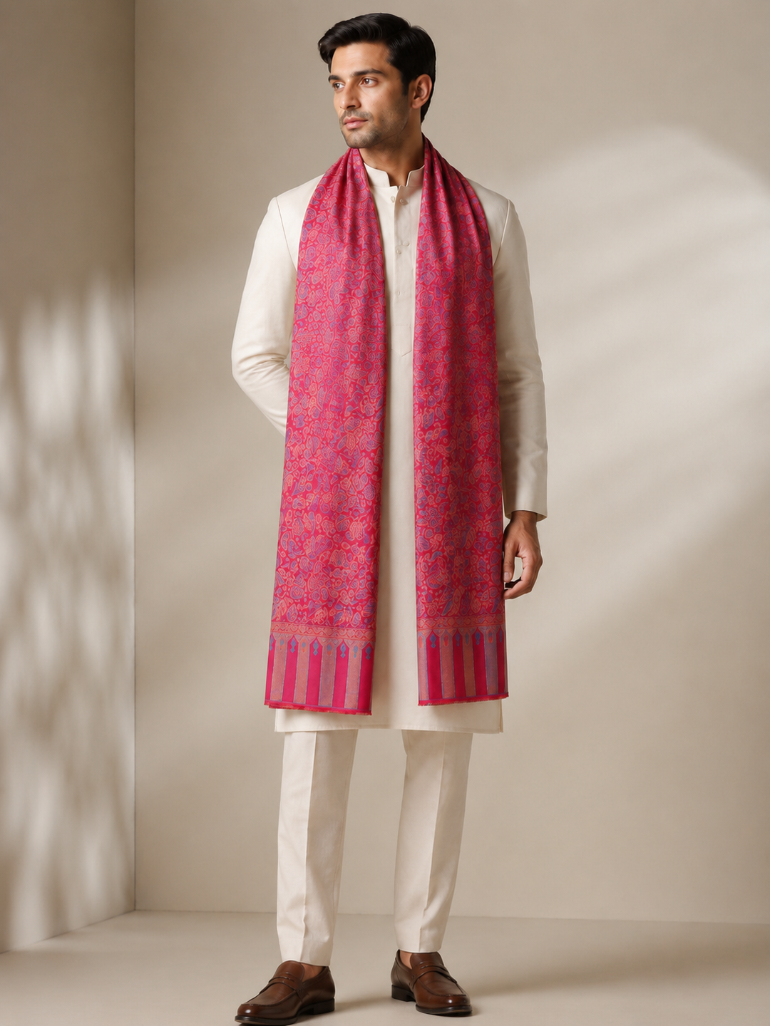 Magenta Multicolour Jamawar Stole with Woven Paisley Design