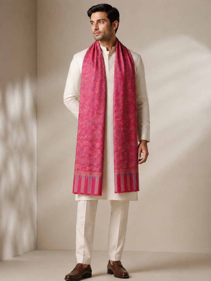 Magenta Multicolour Jamawar Stole with Woven Paisley Design