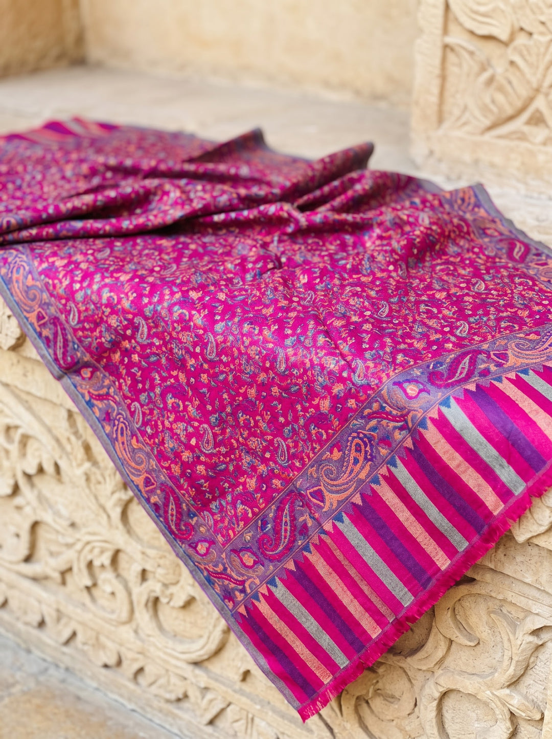 Magenta Multicolour Jamawar Stole with Woven Paisley Design