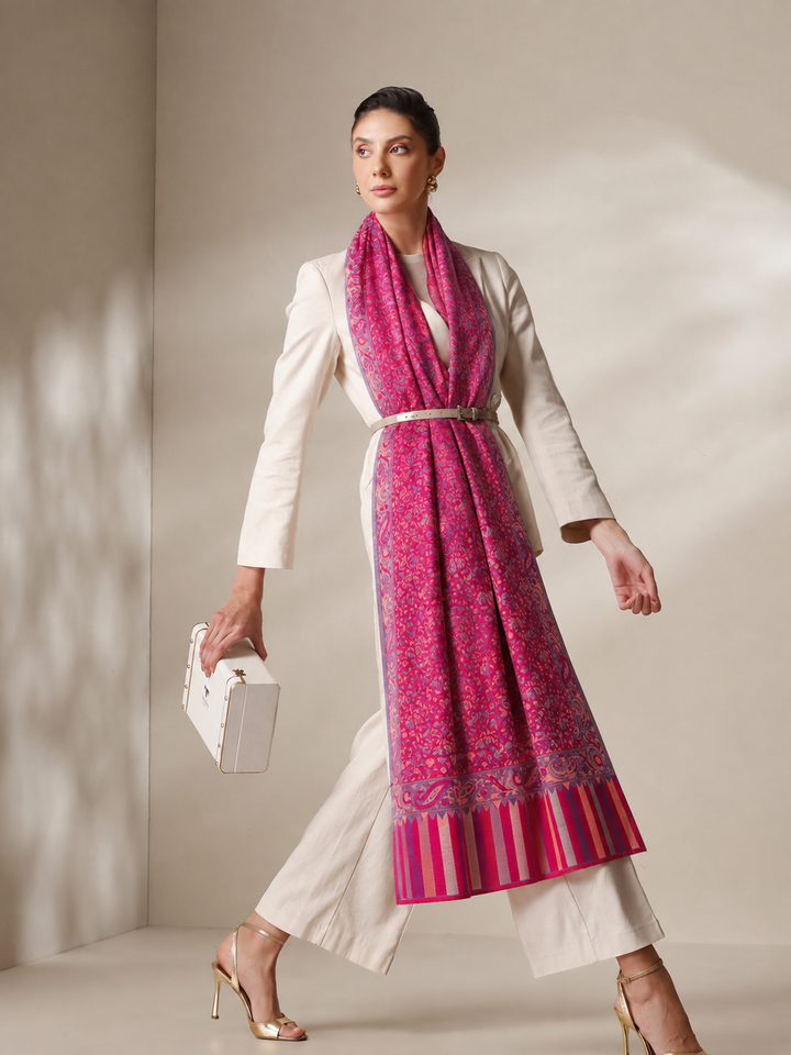 Magenta Multicolour Jamawar Stole with Woven Paisley Design