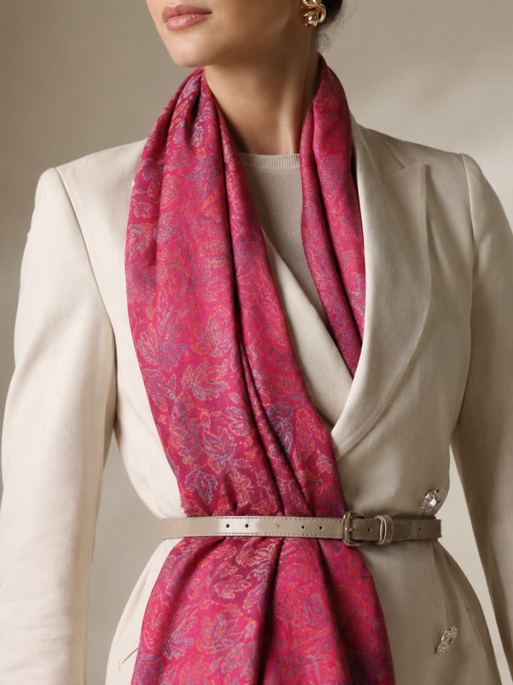 Magenta Multicolour Jamawar Stole with Woven Paisley Design