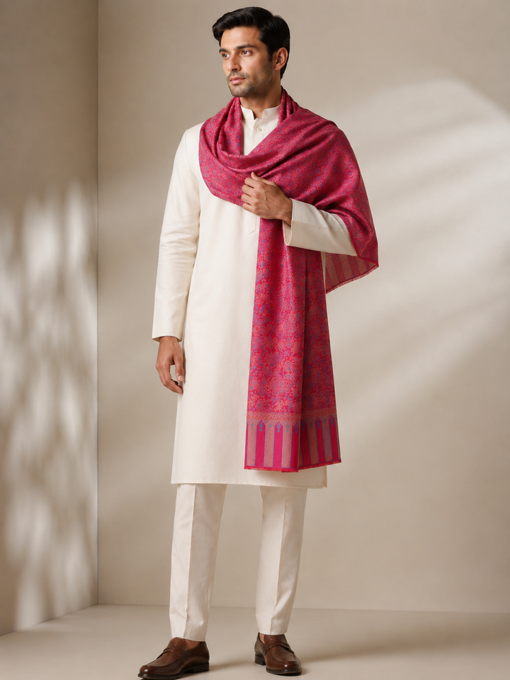 Magenta Multicolour Jamawar Stole with Woven Paisley Design