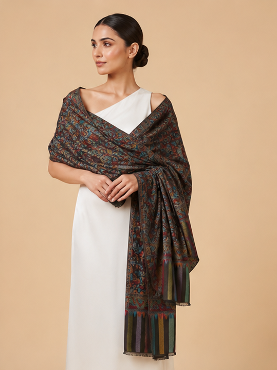 Black Multicolour Jamawar Stole with Woven Paisley Design