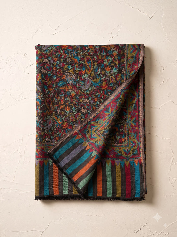 Black Multicolour Jamawar Stole with Woven Paisley Design