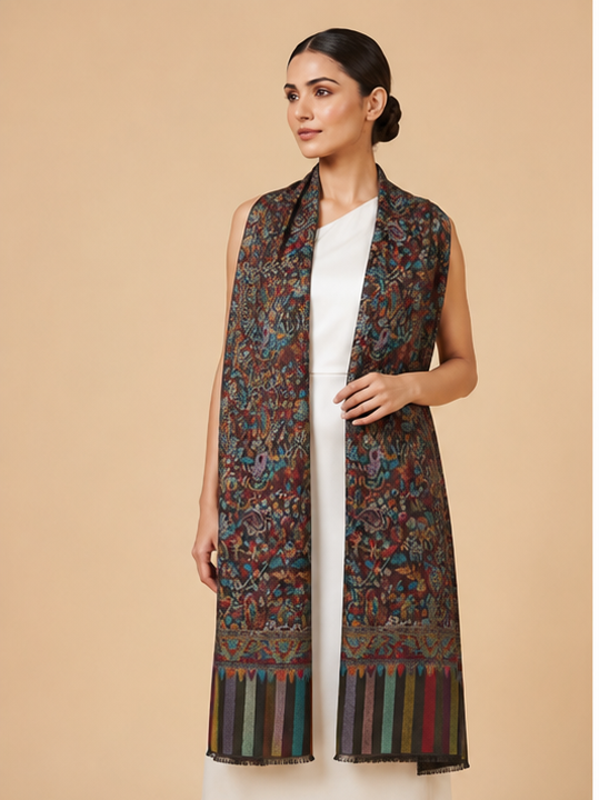 Black Multicolour Jamawar Stole with Woven Paisley Design