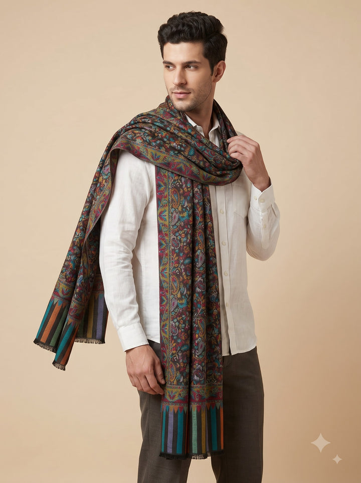 Black Multicolour Jamawar Stole with Woven Paisley Design