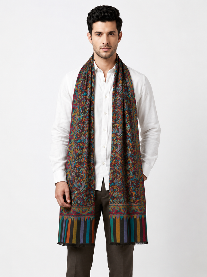 Black Multicolour Jamawar Stole with Woven Paisley Design