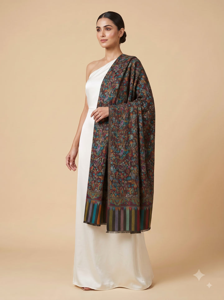 Black Multicolour Jamawar Stole with Woven Paisley Design