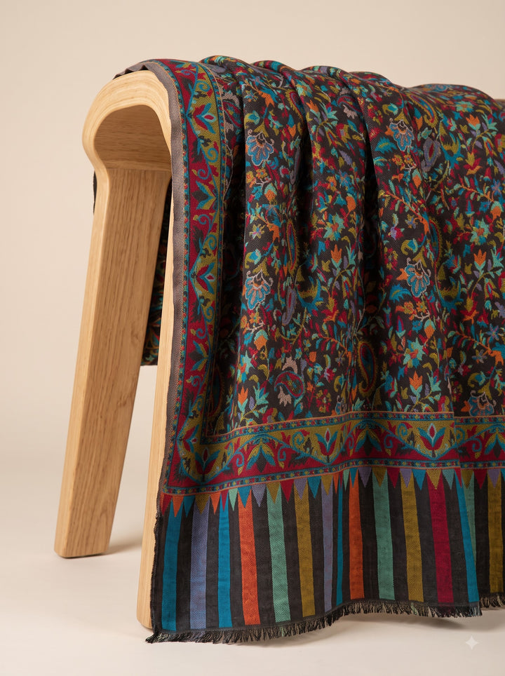 Black Multicolour Jamawar Stole with Woven Paisley Design