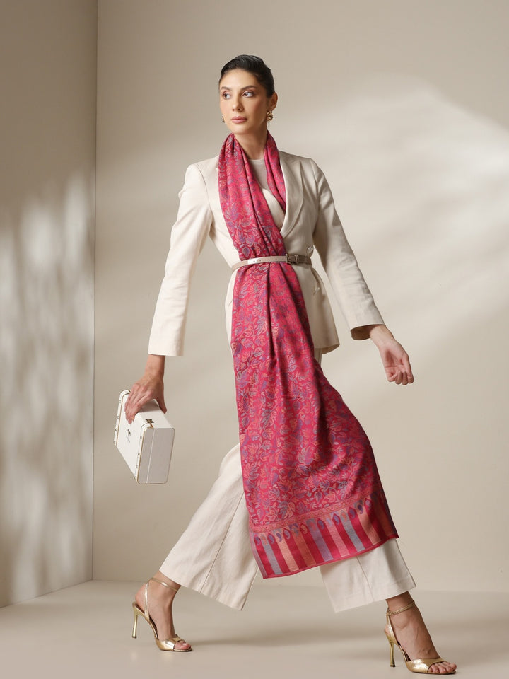 Red Jamawar Stole with Woven Leaf and Vine Design