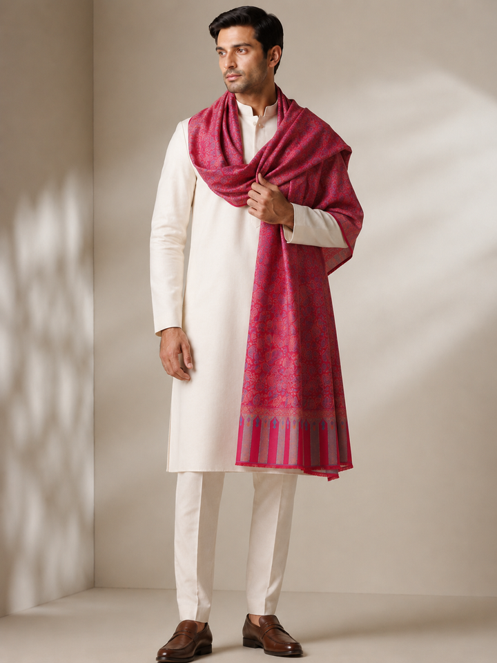 Red Jamawar Stole with Woven Leaf and Vine Design