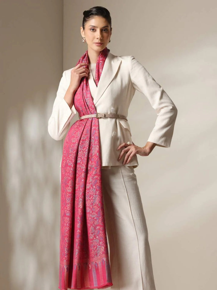 Red Jamawar Stole with Woven Leaf and Vine Design