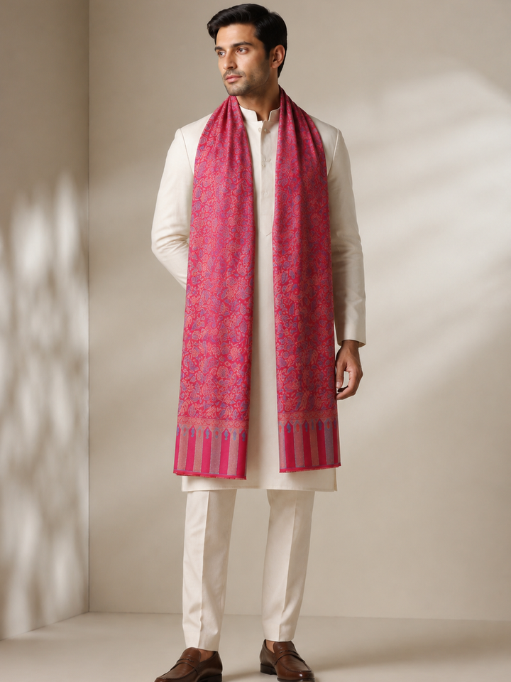 Red Jamawar Stole with Woven Leaf and Vine Design