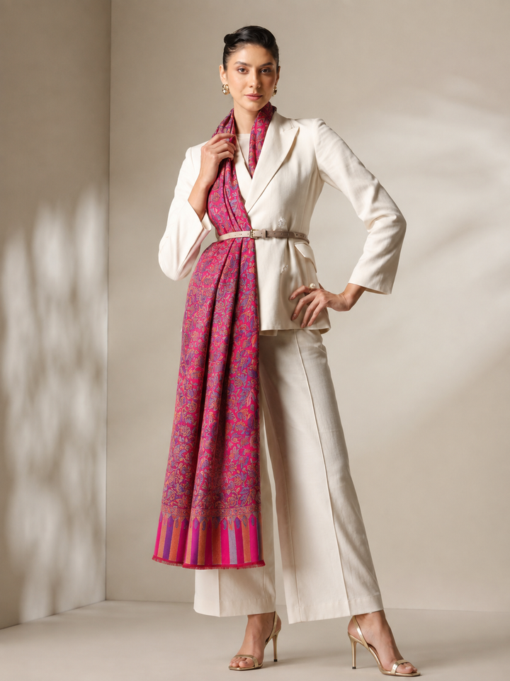 Red Jamawar Stole with Woven Leaf and Vine Design