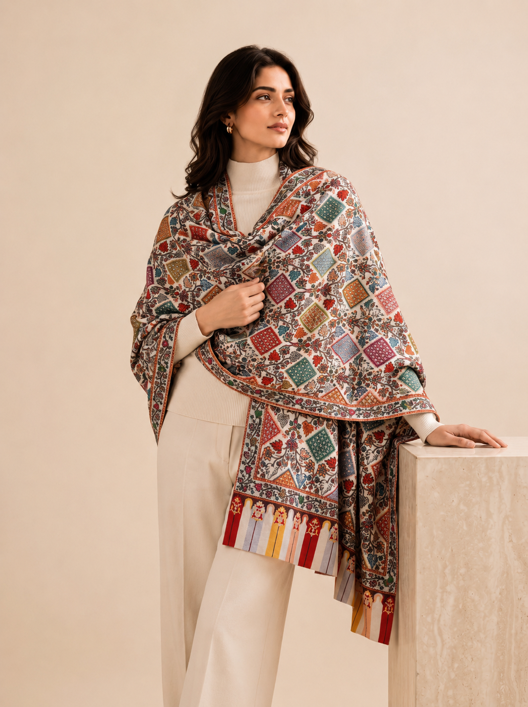 Ivory Multicolour Stole with Vibrant Floral Print
