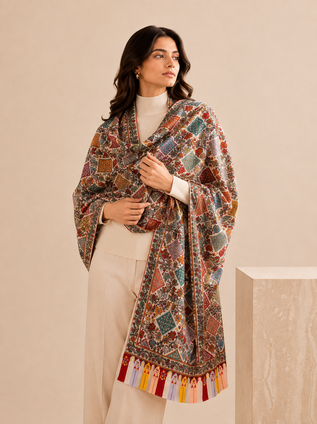 Ivory Multicolour Stole with Vibrant Floral Print