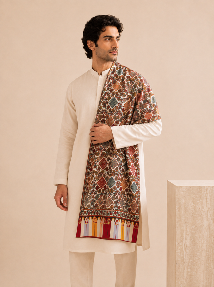 Ivory Multicolour Stole with Vibrant Floral Print