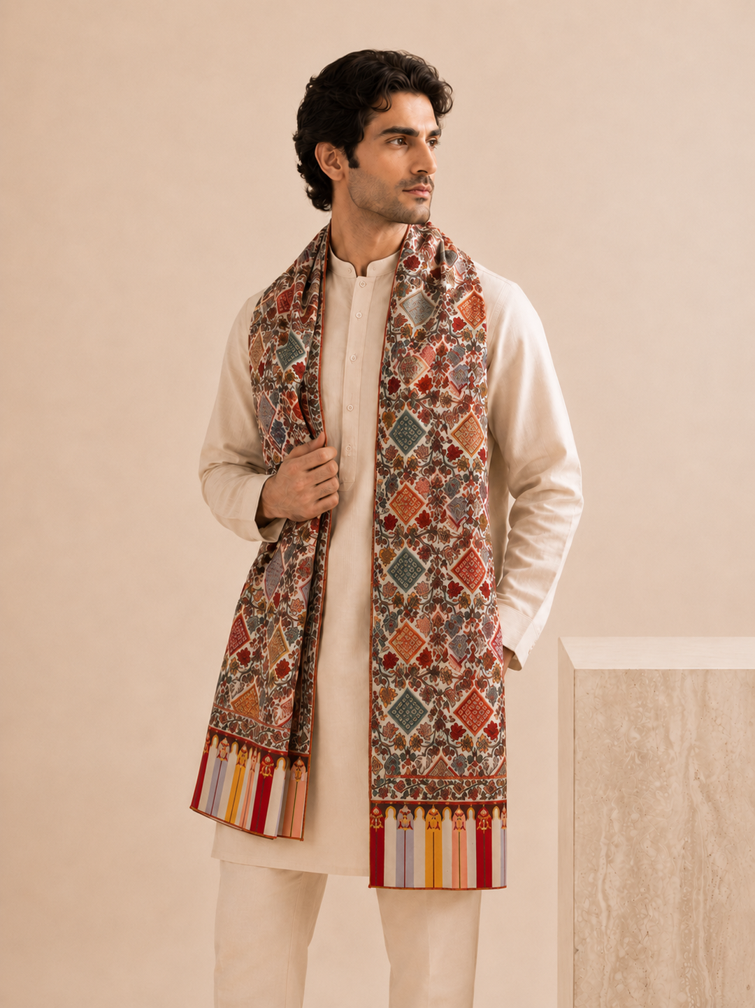 Ivory Multicolour Stole with Vibrant Floral Print