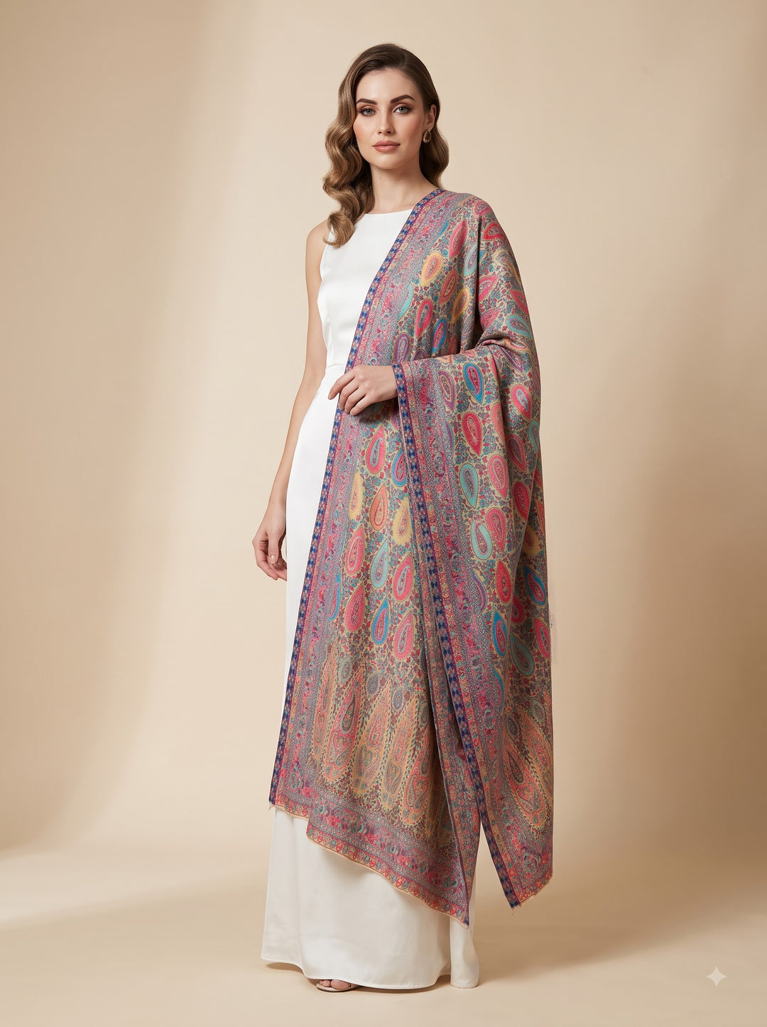 Beige Multicolour Jamawar Stole with Woven Paisley Design
