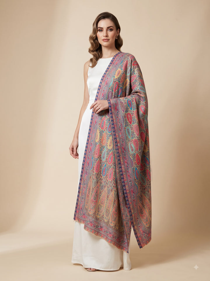 Beige Multicolour Jamawar Stole with Woven Paisley Design