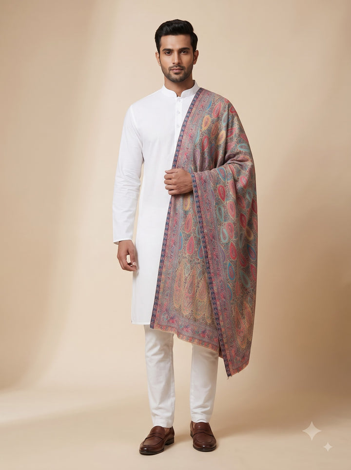 Beige Multicolour Jamawar Stole with Woven Paisley Design