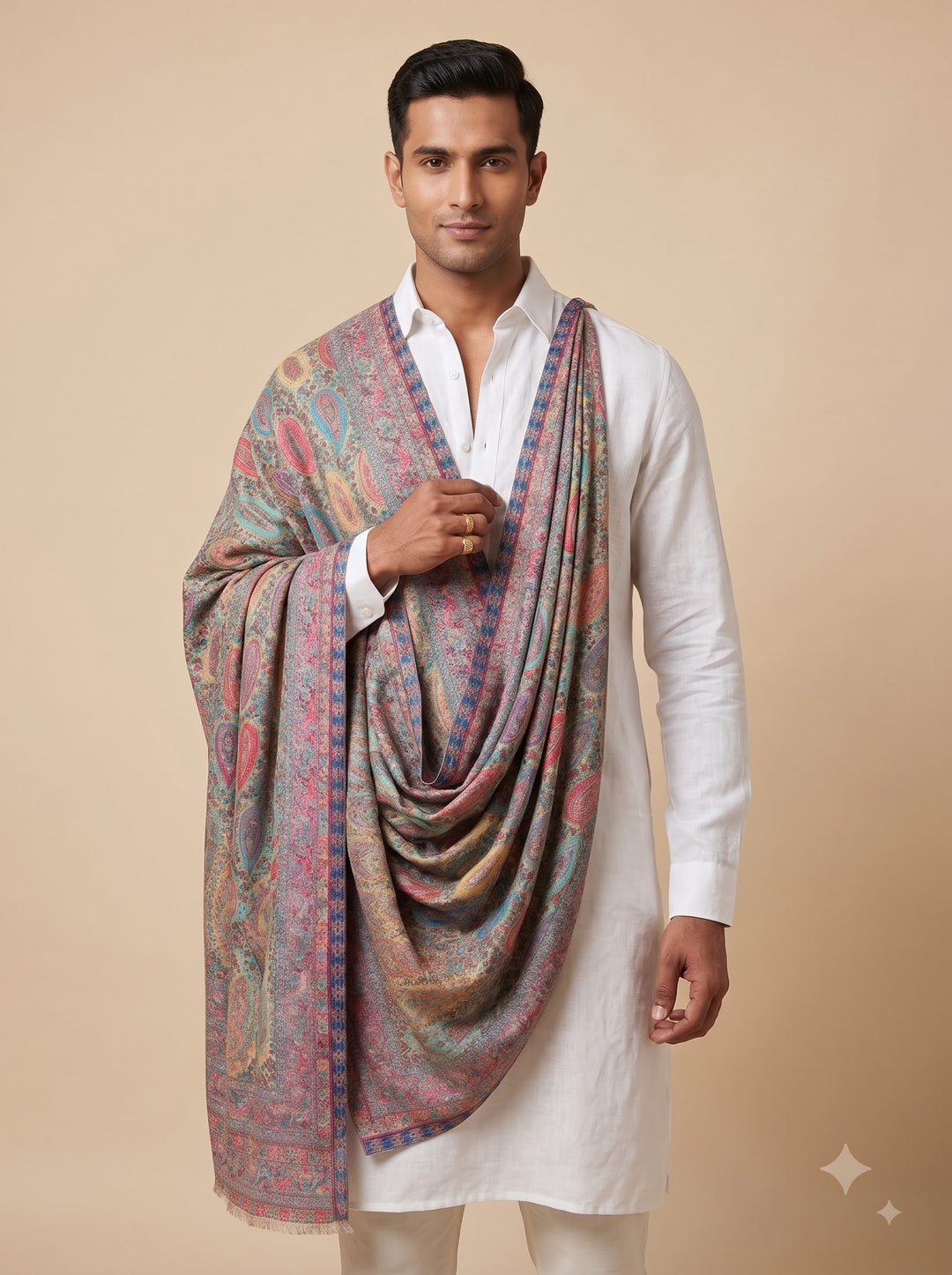 Beige Multicolour Jamawar Stole with Woven Paisley Design