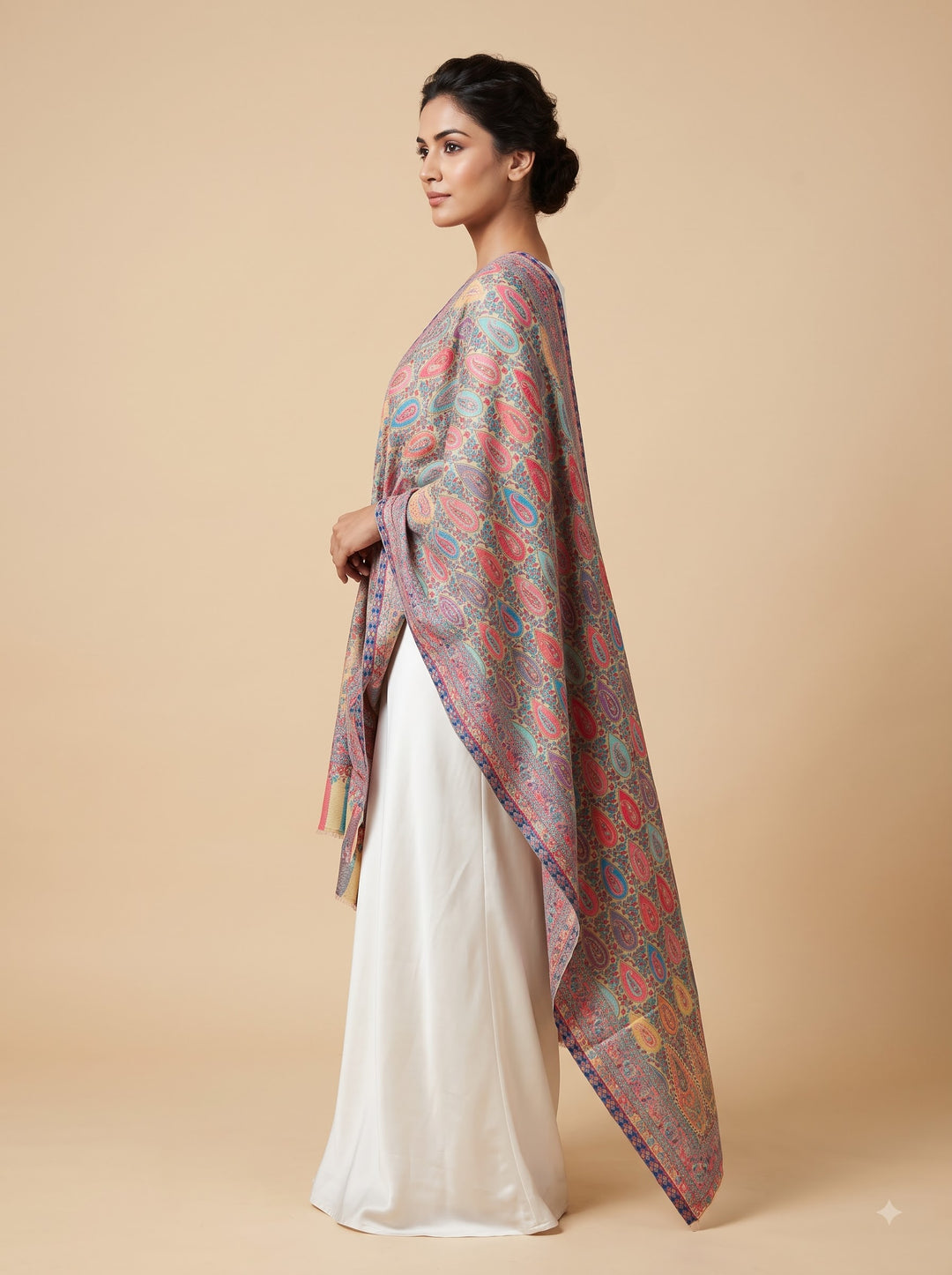 Beige Multicolour Jamawar Stole with Woven Paisley Design