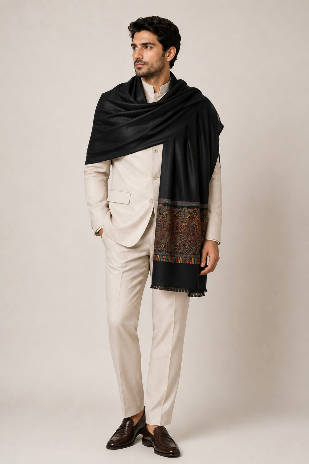 Black Cashmere Wool Stole with Woven Paisley Border