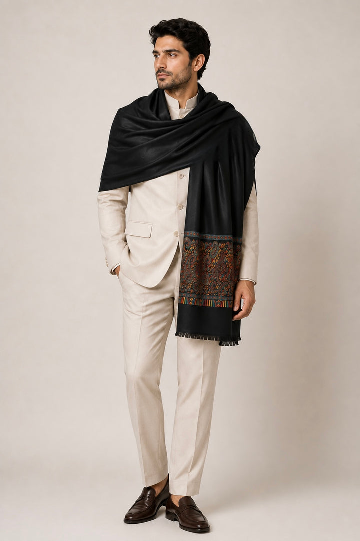 Black Cashmere Wool Stole with Woven Paisley Border