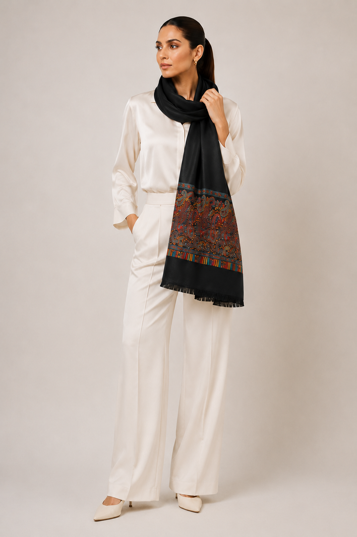 Black Cashmere Wool Stole with Woven Paisley Border