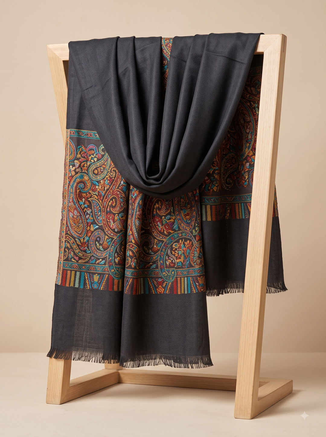Black Cashmere Wool Stole with Woven Paisley Border
