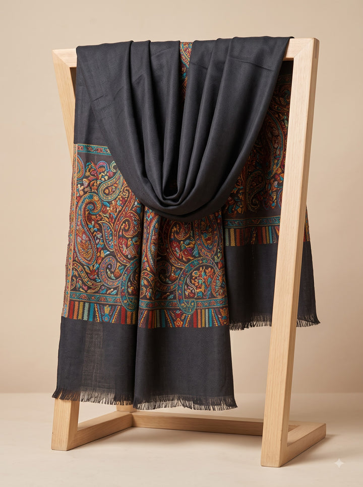 Black Cashmere Wool Stole with Woven Paisley Border