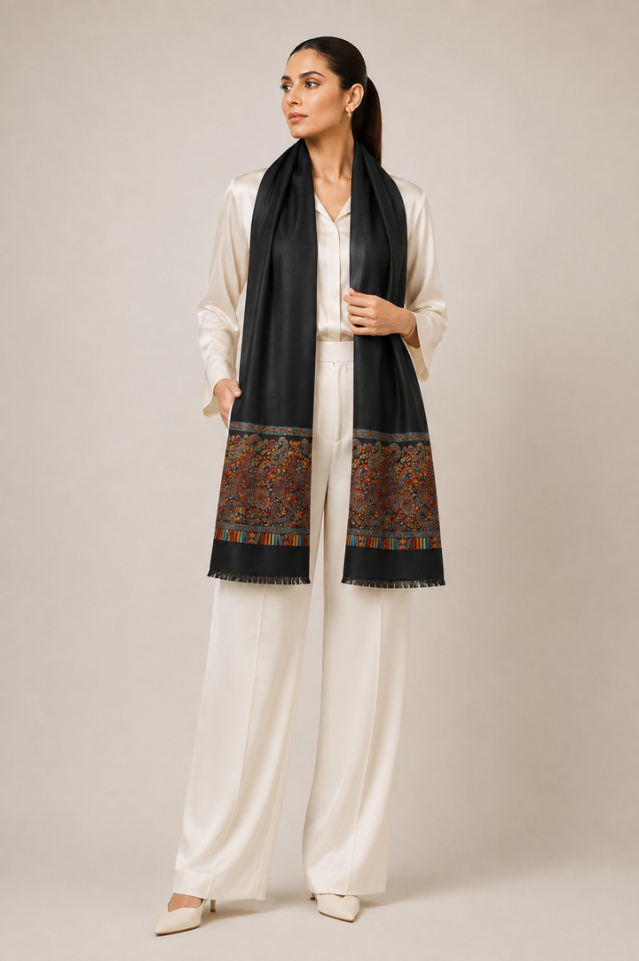 Black Cashmere Wool Stole with Woven Paisley Border
